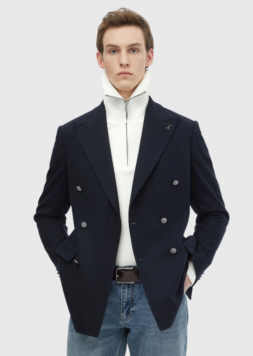 Navy Blue Plain Comfort Fit Wool Blended Jacket - 3