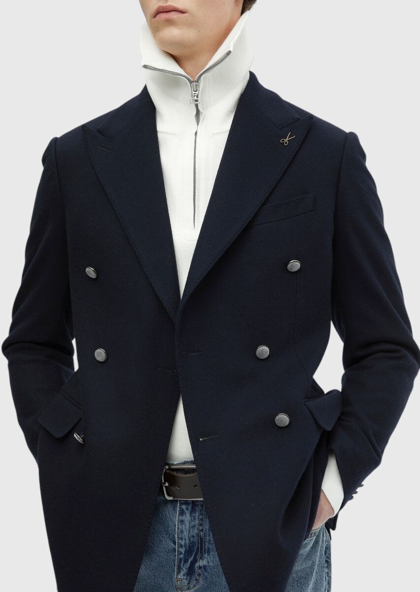 Navy Blue Plain Comfort Fit Wool Blended Jacket - 4