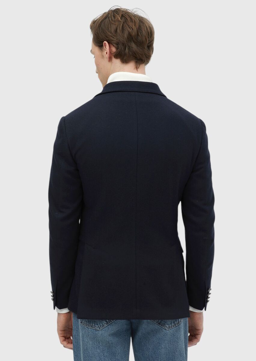 Navy Blue Plain Comfort Fit Wool Blended Jacket - 6