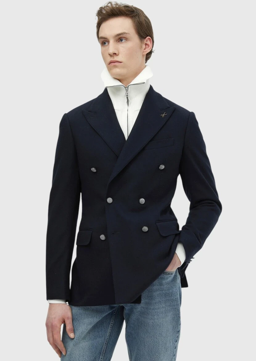 Navy Blue Plain Comfort Fit Wool Blended Jacket - RAMSEY