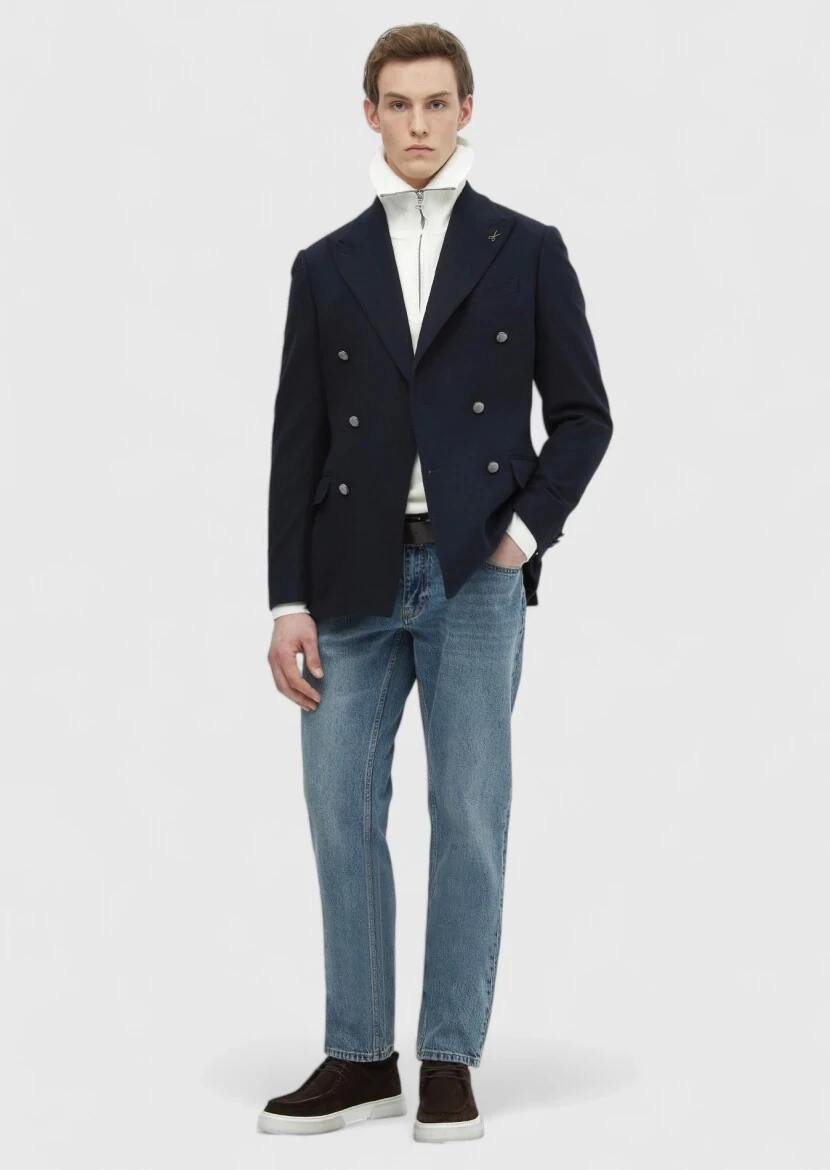 Navy Blue Plain Comfort Fit Wool Blended Jacket - RAMSEY