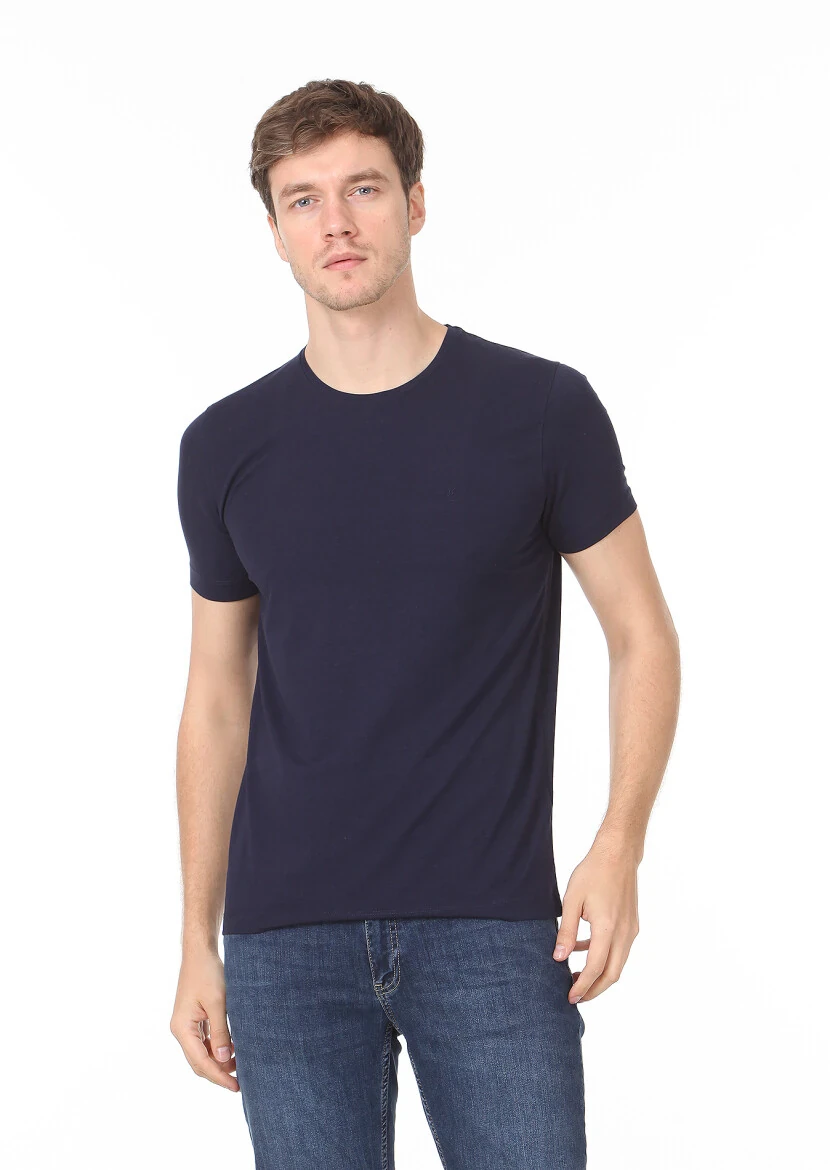 Navy Blue Plain Cotton Blended T-Shirt - 1