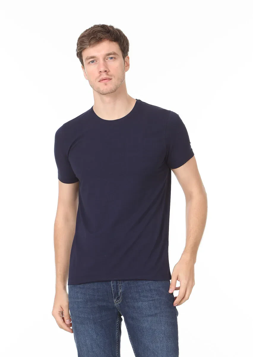 Navy Blue Plain Cotton Blended T-Shirt - 1