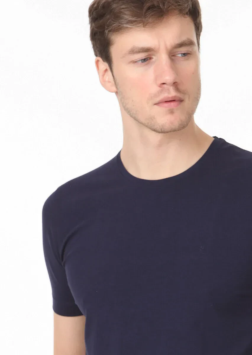 Navy Blue Plain Cotton Blended T-Shirt - 2