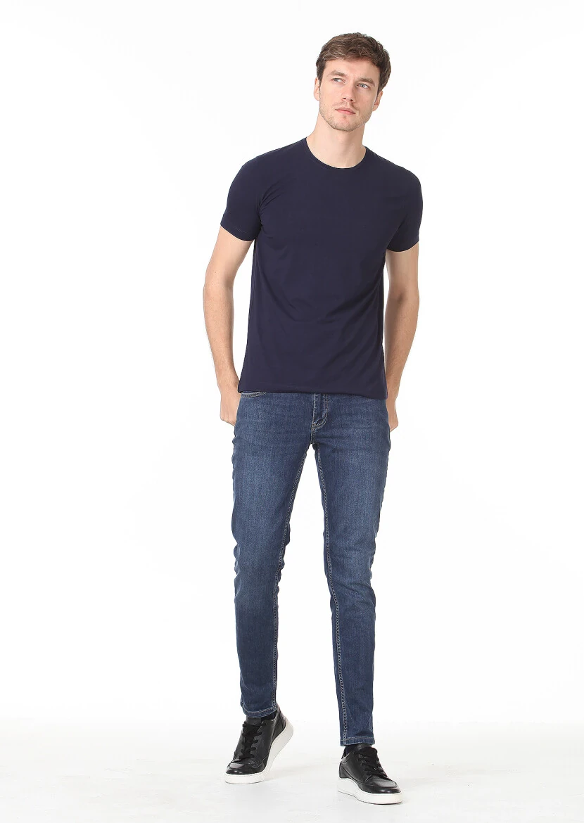 Navy Blue Plain Cotton Blended T-Shirt - 3