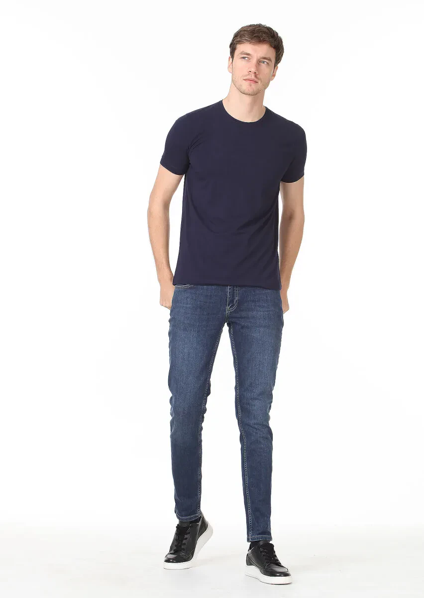 Navy Blue Plain Cotton Blended T-Shirt - 3