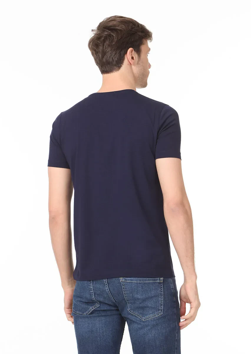 Navy Blue Plain Cotton Blended T-Shirt - 4