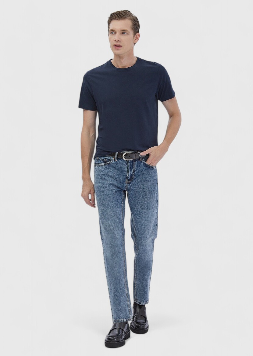 Navy Blue Plain Cotton Blended T-Shirt - RAMSEY