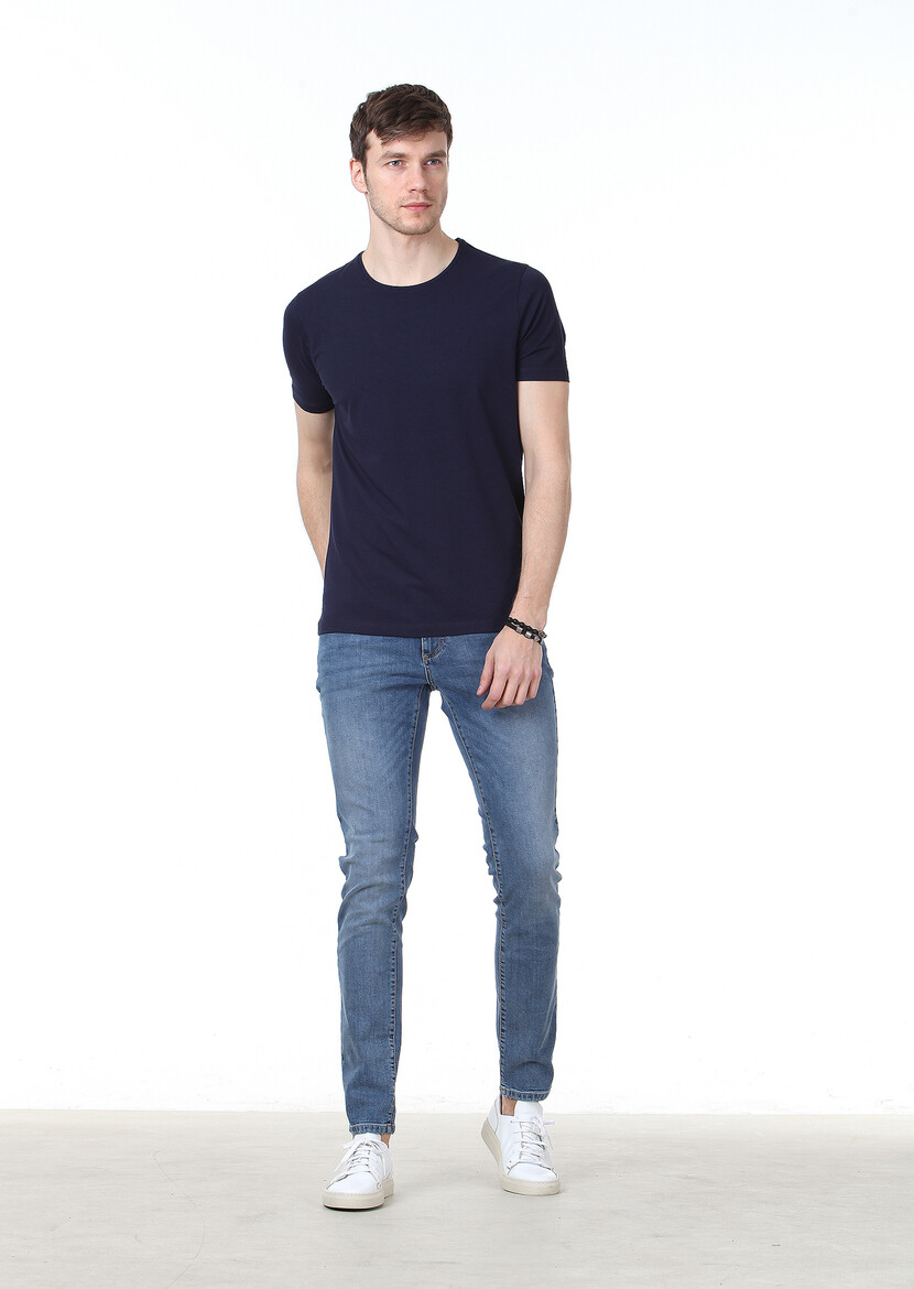 Navy Blue Plain Cotton Blended T-Shirt - 2