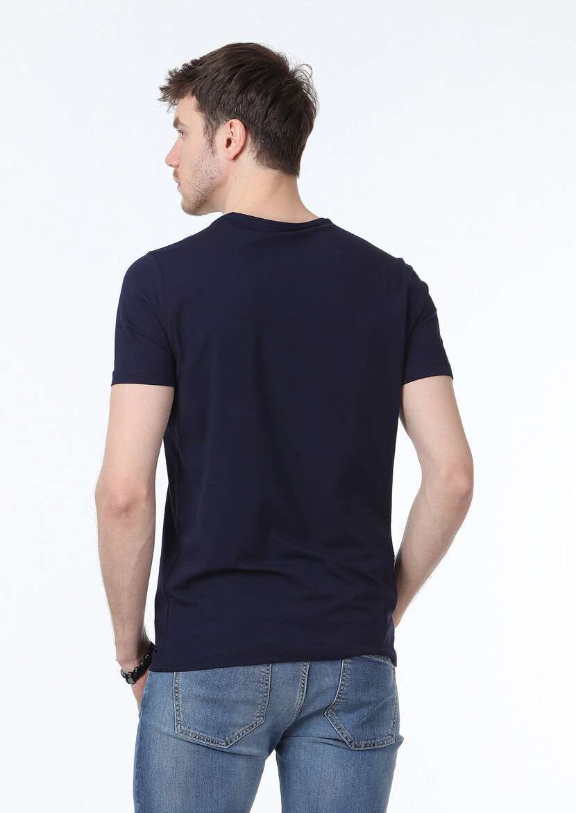 Navy Blue Plain Cotton Blended T-Shirt - 4