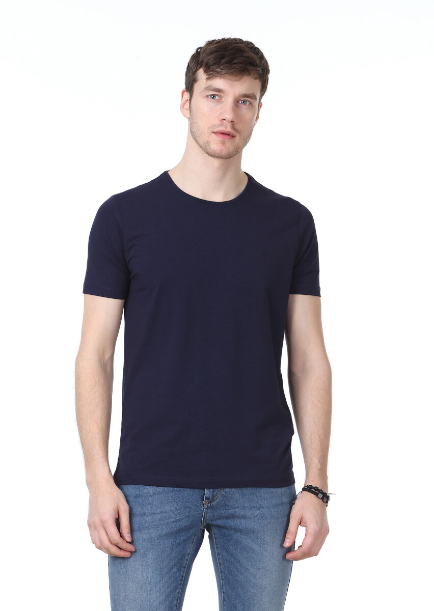 Navy Blue Plain Cotton Blended T-Shirt - 1