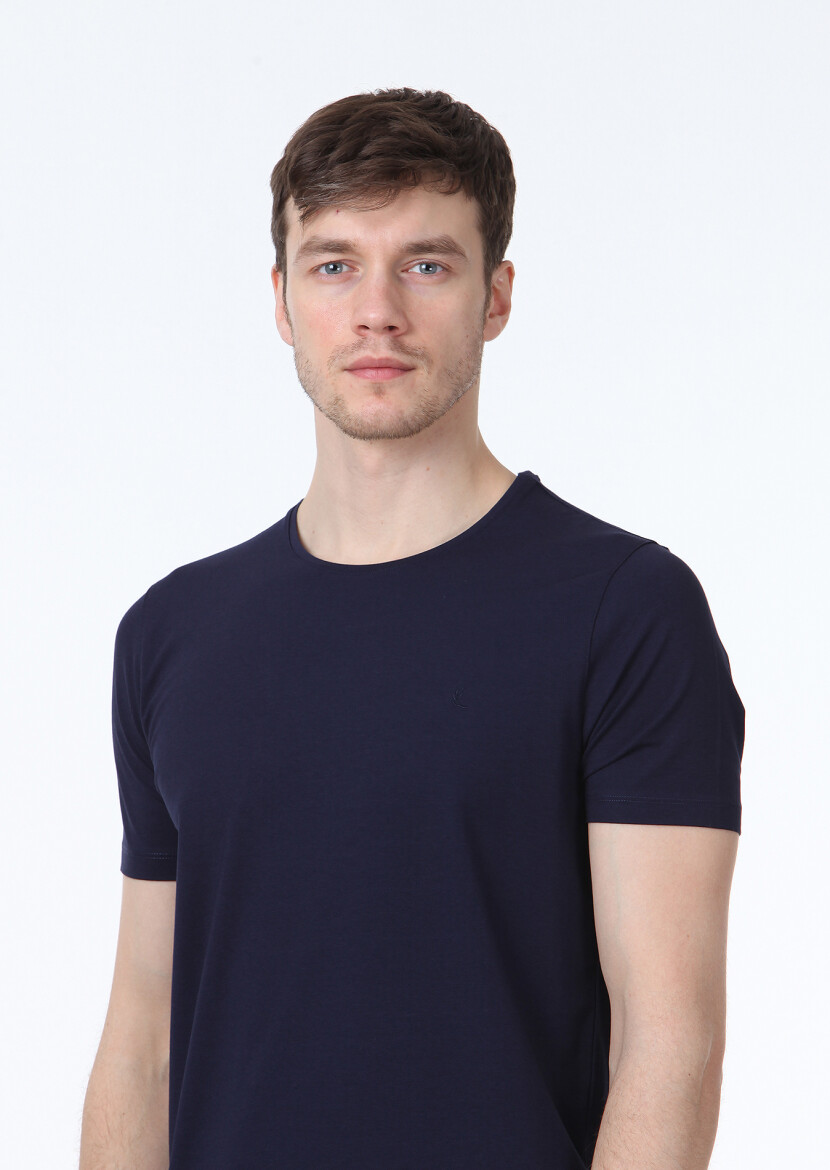 Navy Blue Plain Cotton Blended T-Shirt - 3