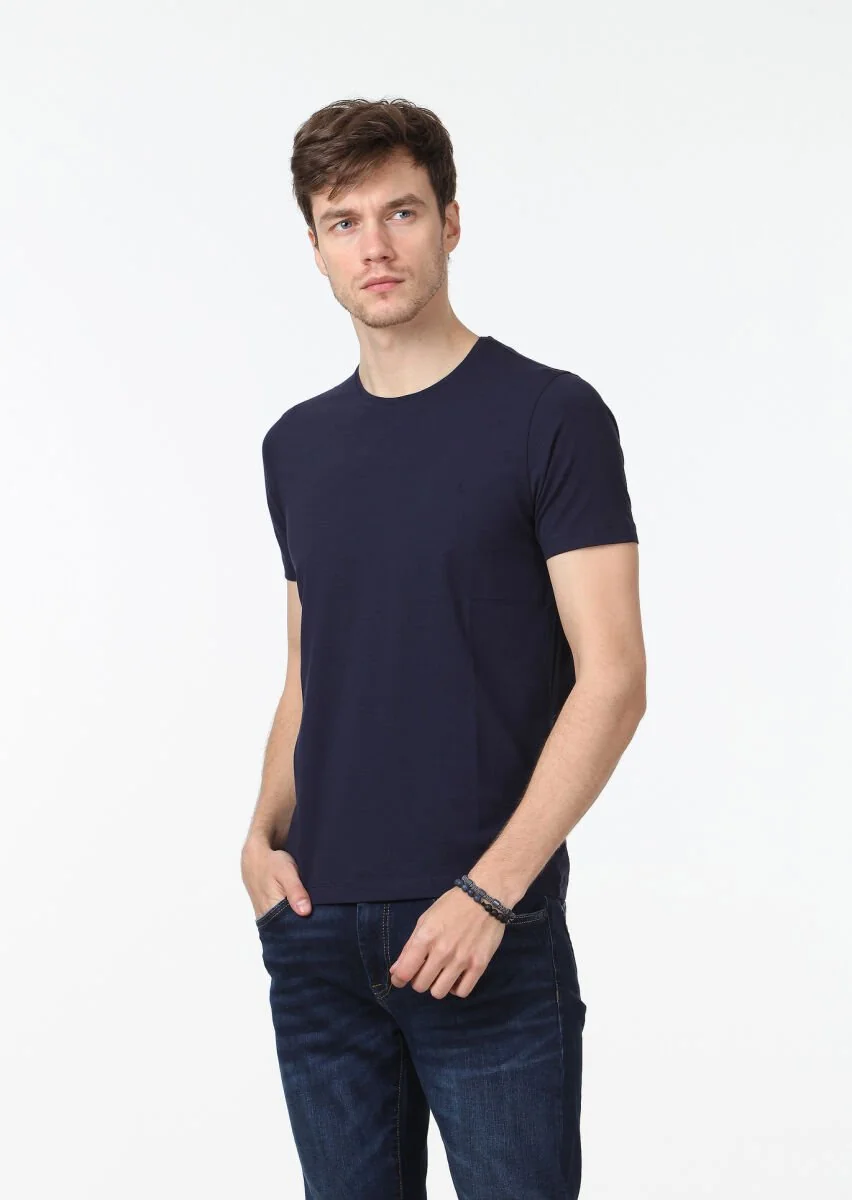 Navy Blue Plain Cotton Blended T-Shirt - 1
