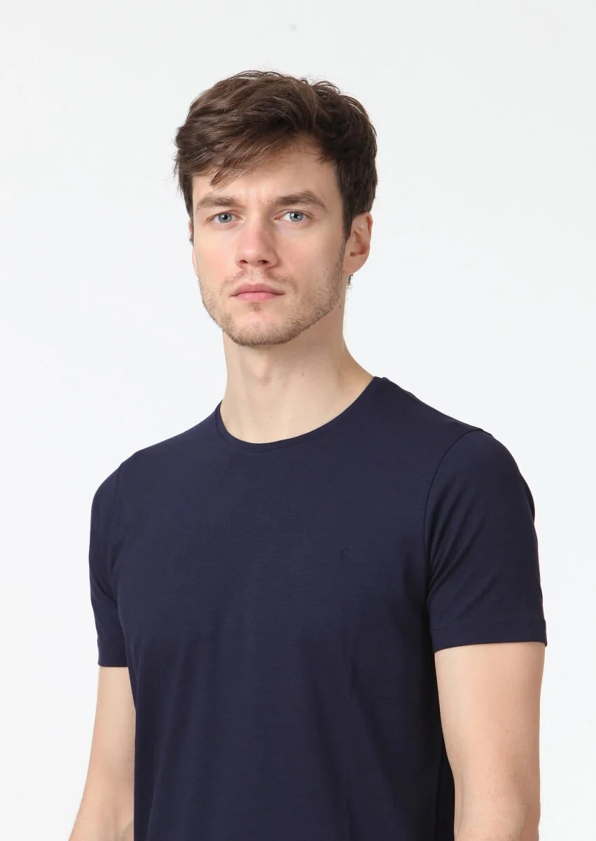 Navy Blue Plain Cotton Blended T-Shirt - 3