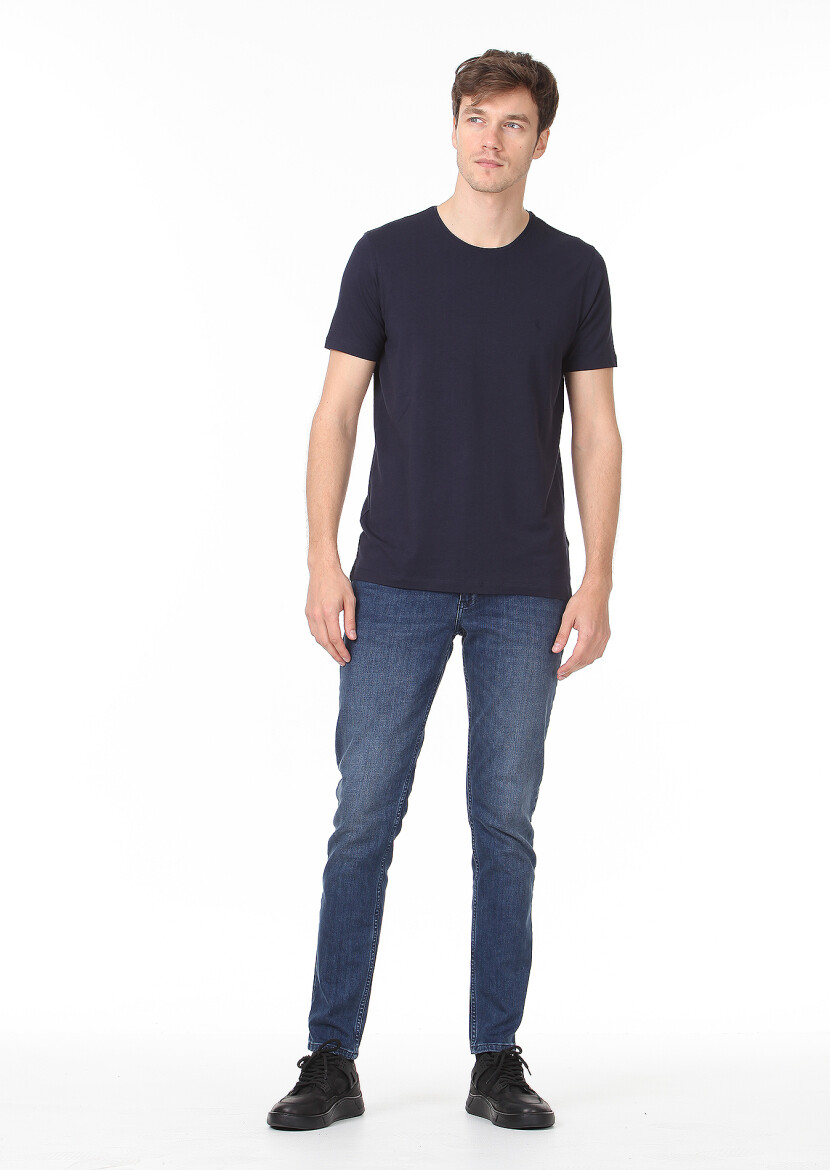 Navy Blue Plain Cotton Blended T-Shirt - 3