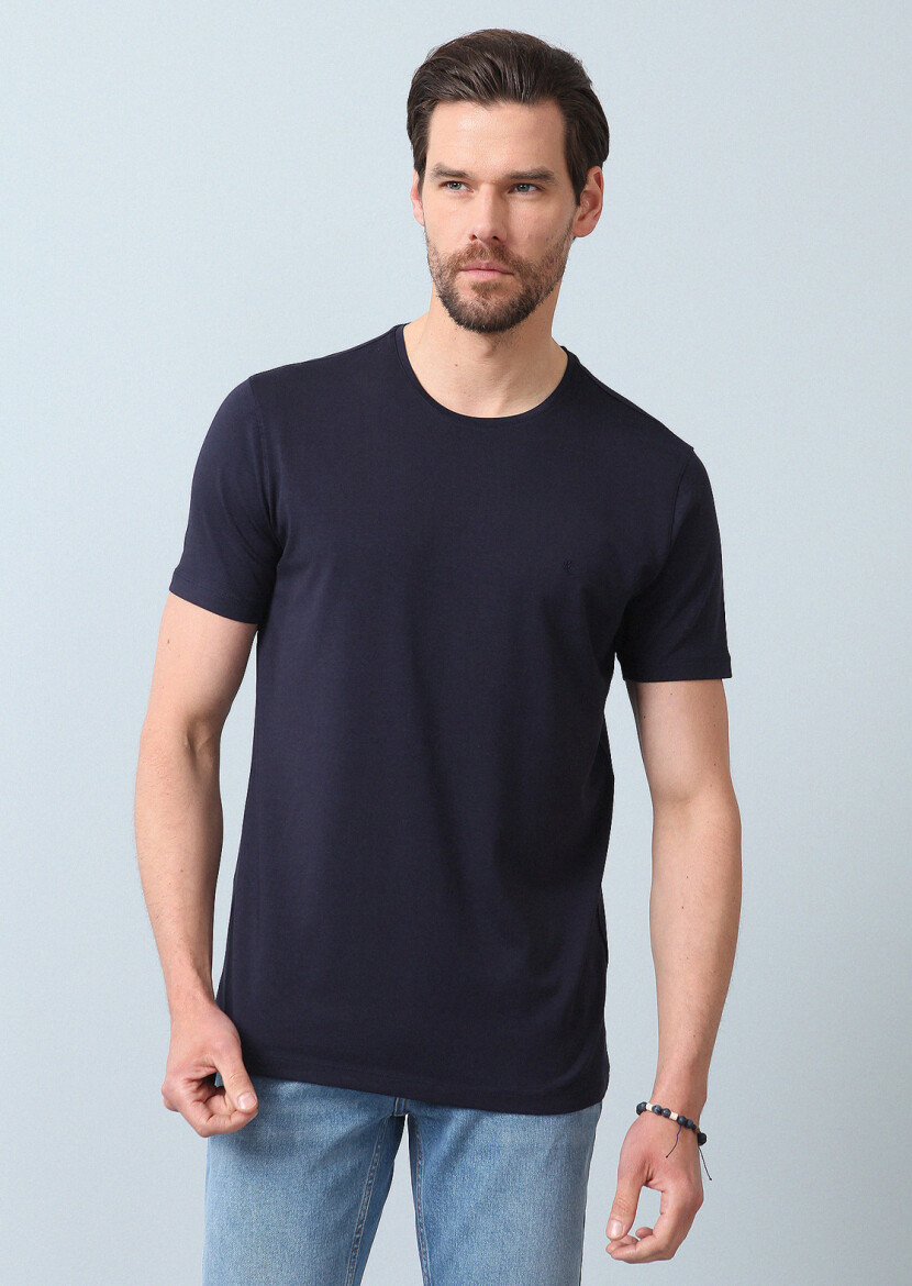 Navy Blue Plain Cotton Blended T-Shirt - 2