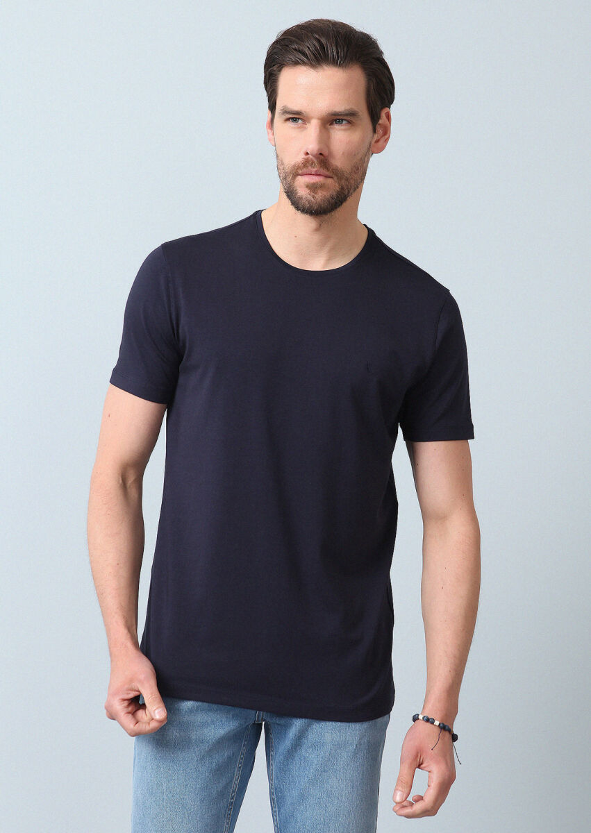 Navy Blue Plain Cotton Blended T-Shirt - 2