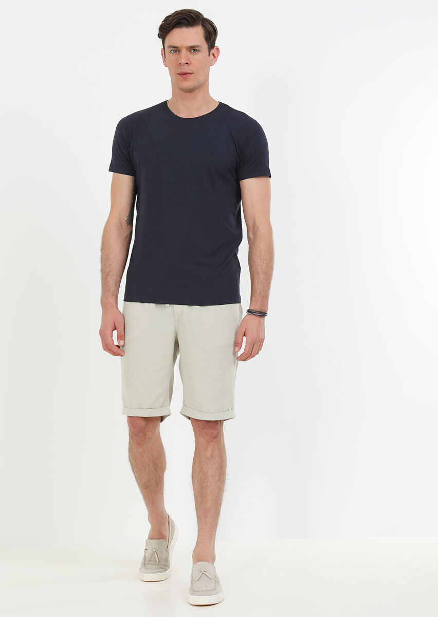 Navy Blue Plain Cotton Blended T-Shirt - 1