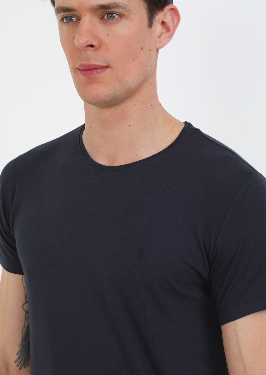 Navy Blue Plain Cotton Blended T-Shirt - 3