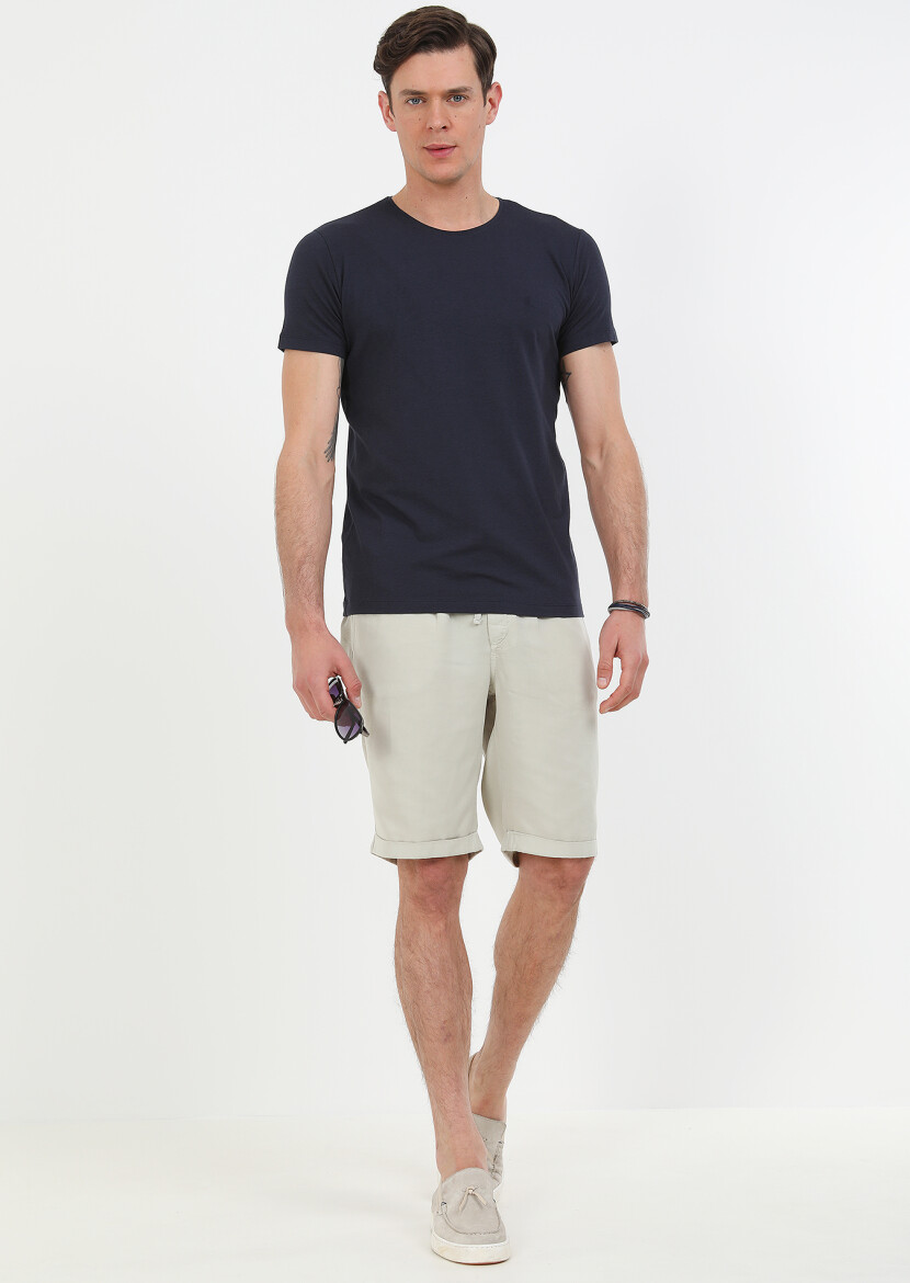 Navy Blue Plain Cotton Blended T-Shirt - 4