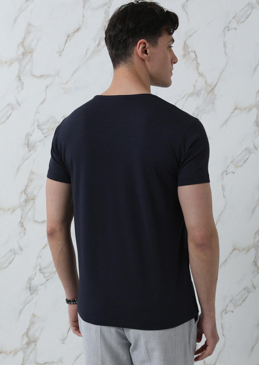 Navy Blue Plain Cotton Blended T-Shirt - 5