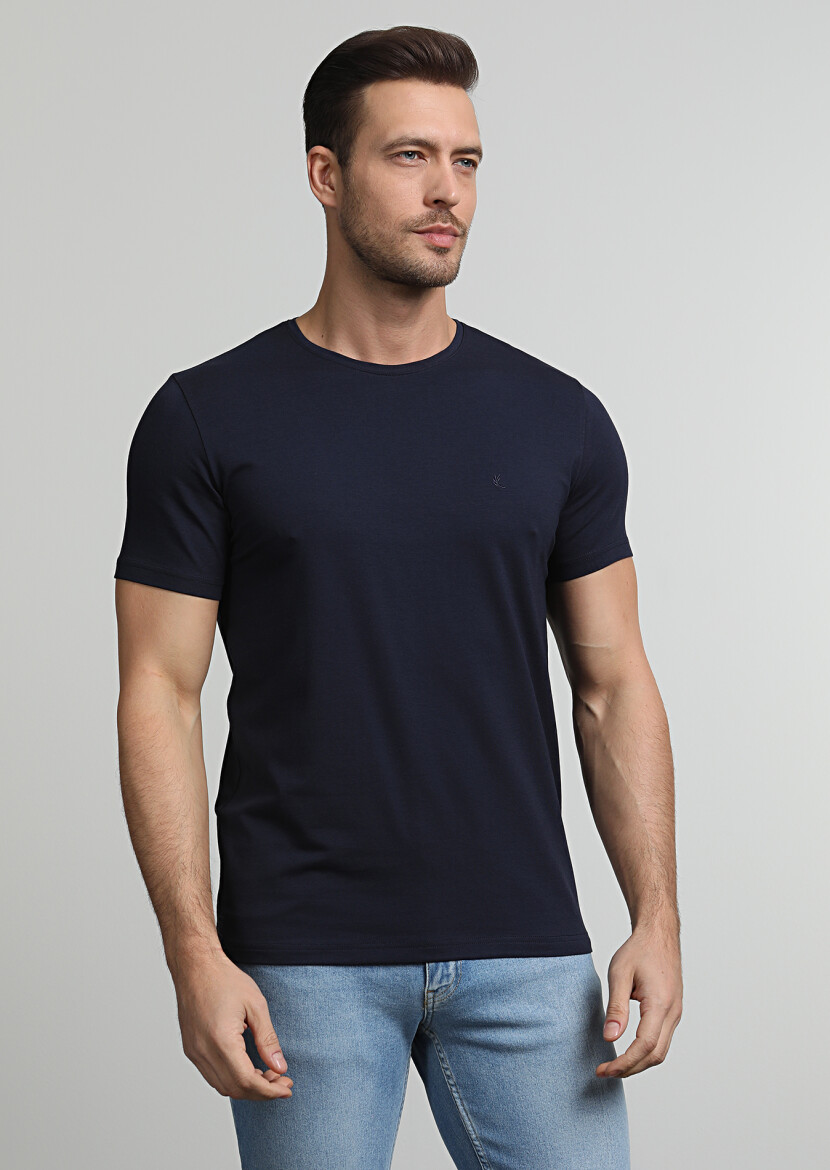 Navy Blue Plain Cotton Blended T-Shirt 