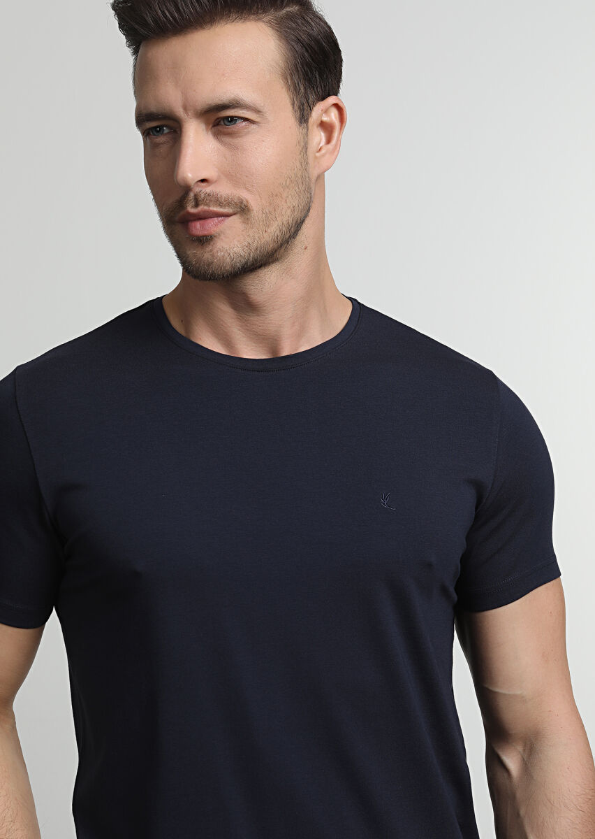 Navy Blue Plain Cotton Blended T-Shirt - 2