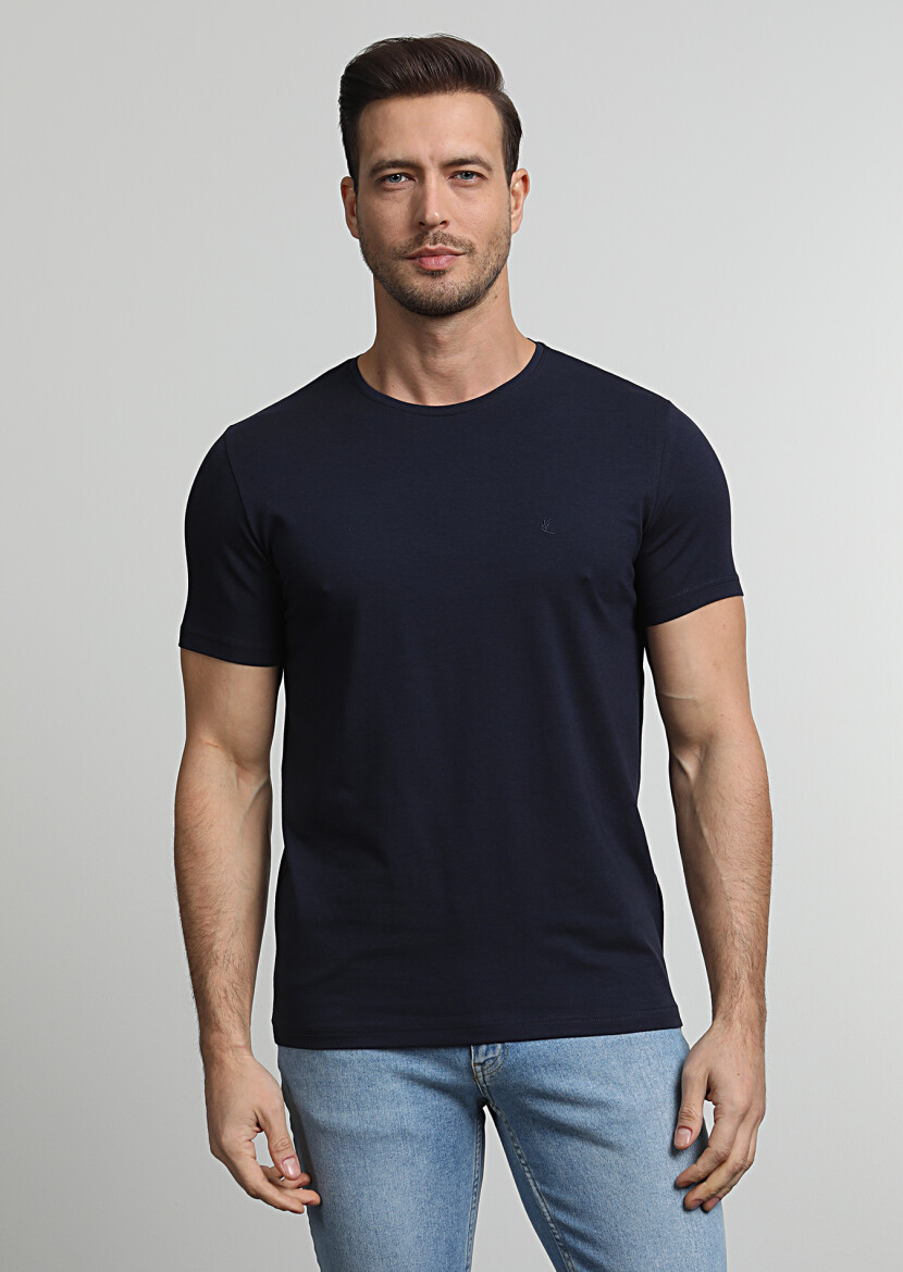 Navy Blue Plain Cotton Blended T-Shirt - 3