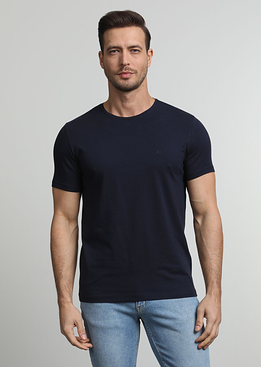 Navy Blue Plain Cotton Blended T-Shirt - 3