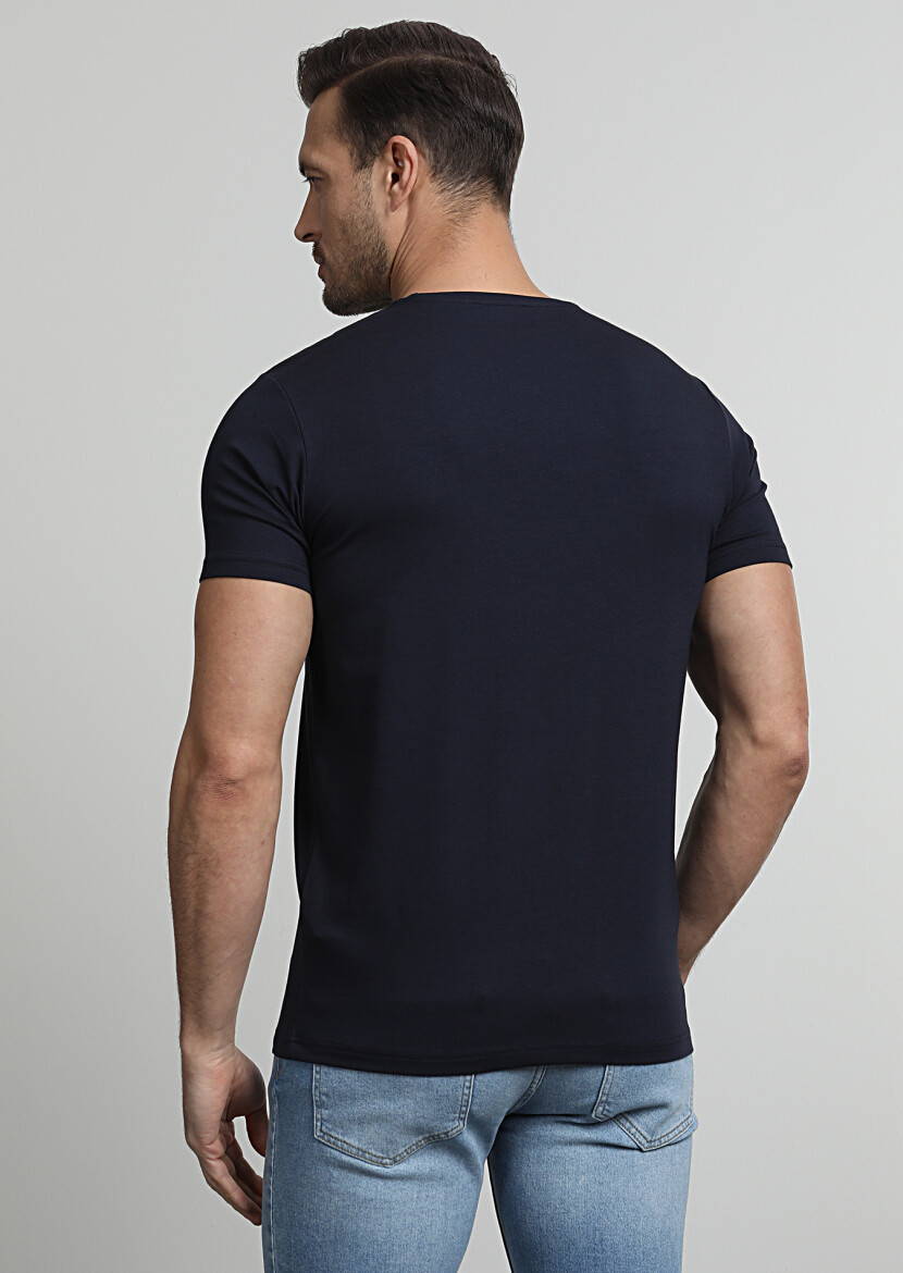 Navy Blue Plain Cotton Blended T-Shirt - 4