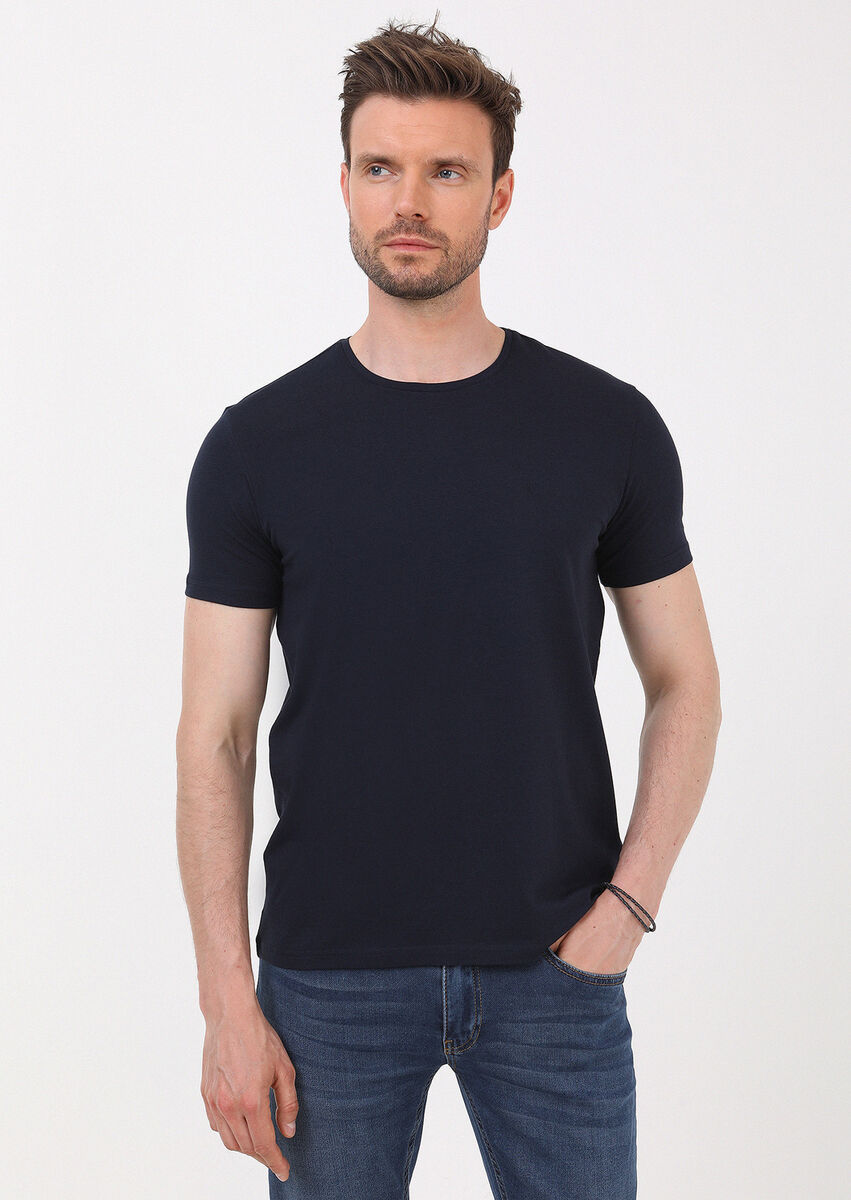 Navy Blue Plain Cotton Blended T-Shirt - 1