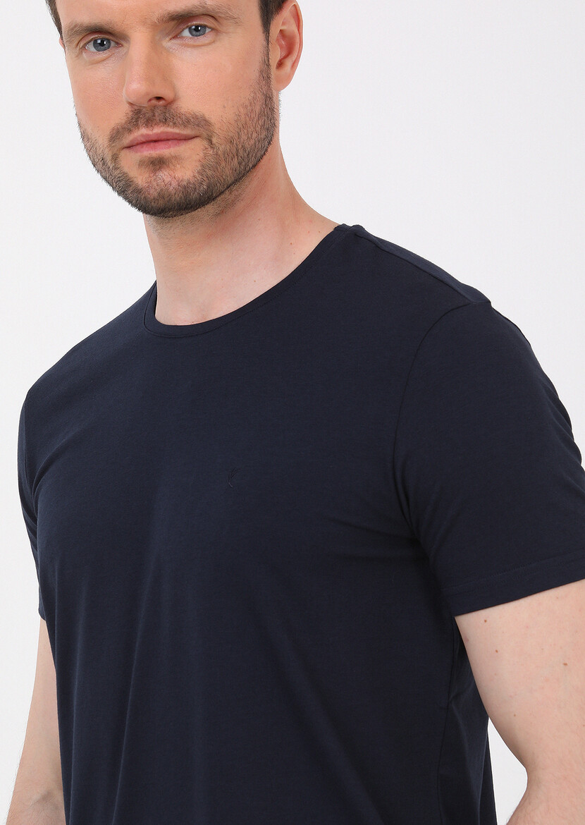 Navy Blue Plain Cotton Blended T-Shirt - 2