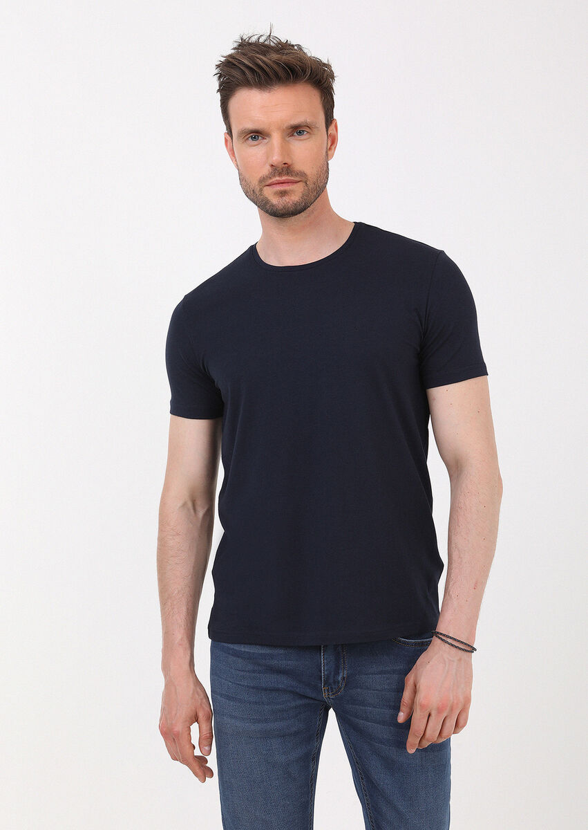 Navy Blue Plain Cotton Blended T-Shirt - 3