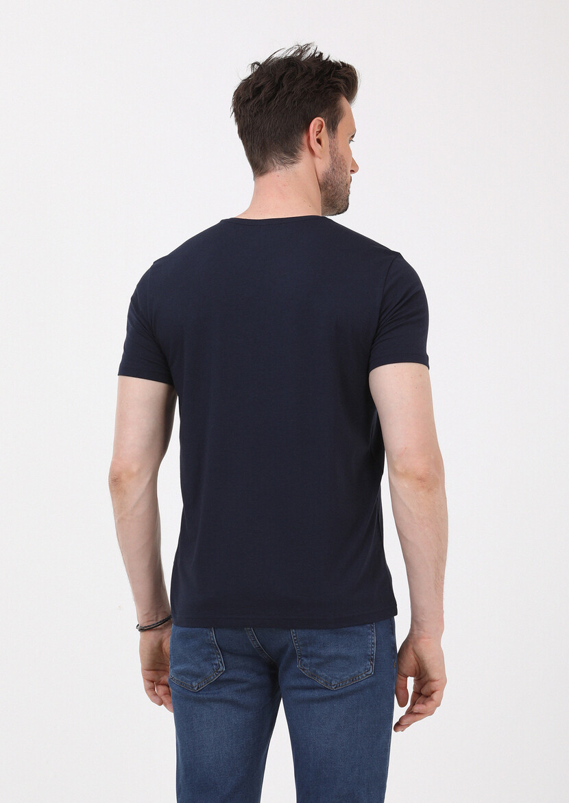 Navy Blue Plain Cotton Blended T-Shirt - 4