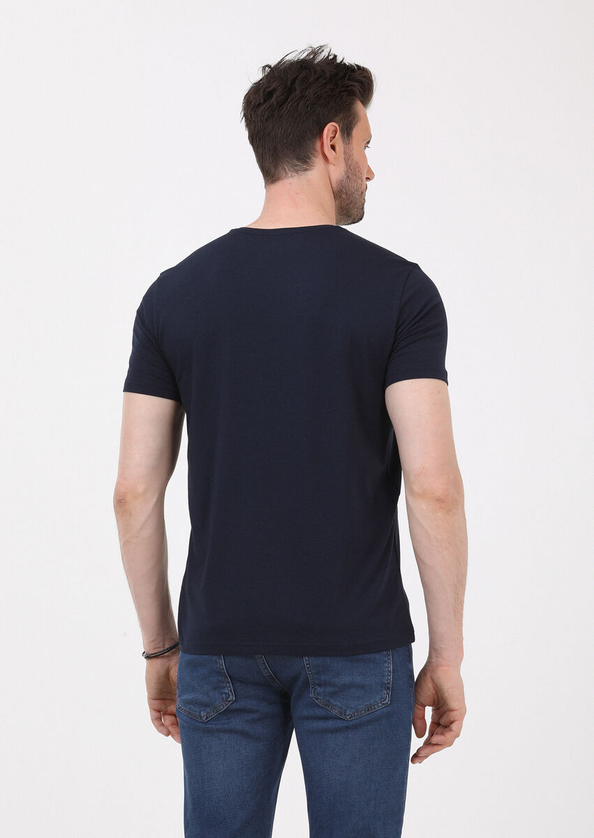 Navy Blue Plain Cotton Blended T-Shirt - 4