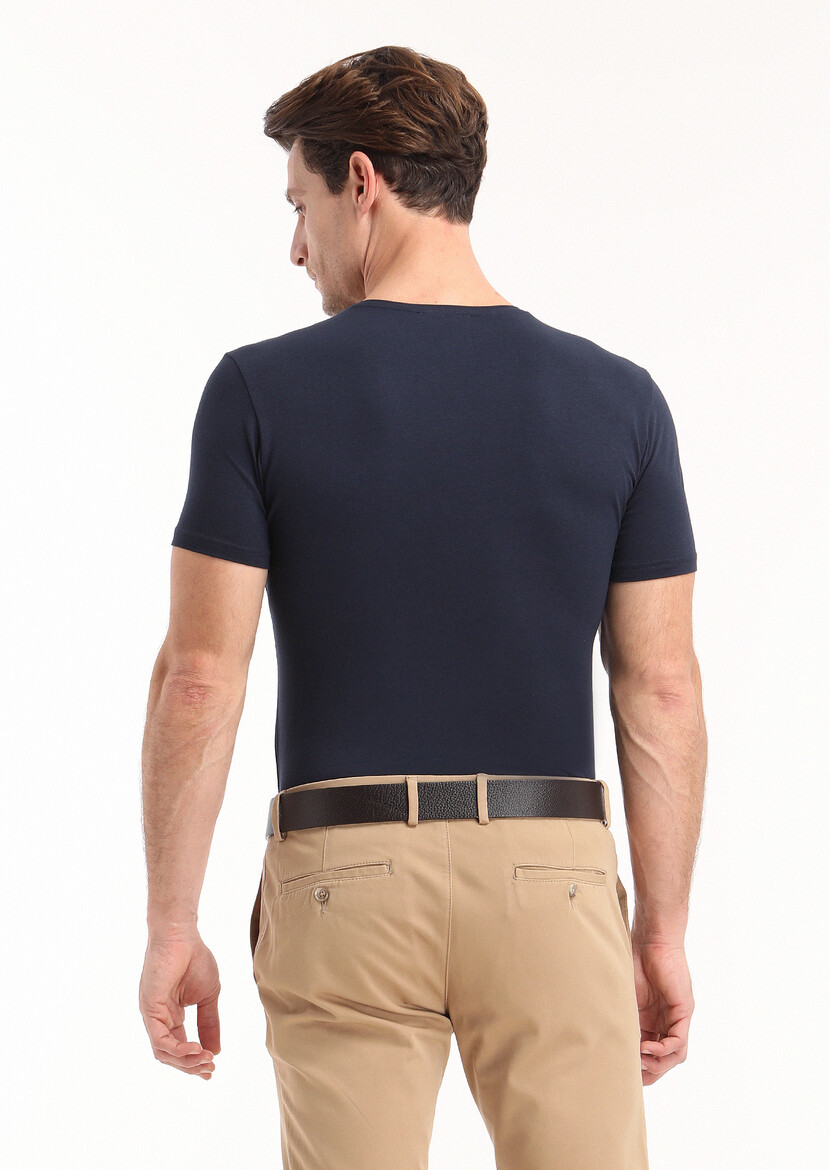 Navy Blue Plain Cotton Blended T-Shirt - 4