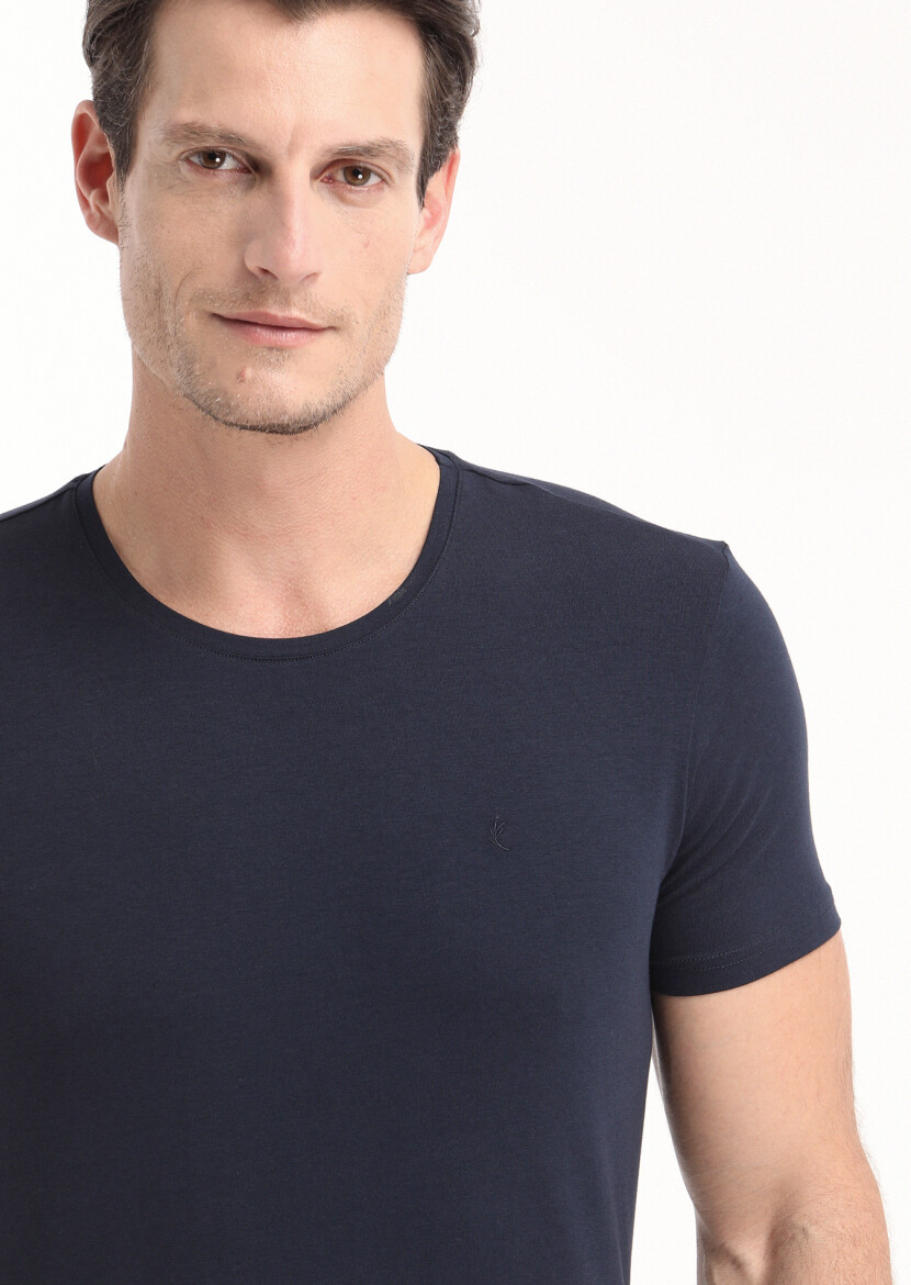 Navy Blue Plain Cotton Blended T-Shirt - 2