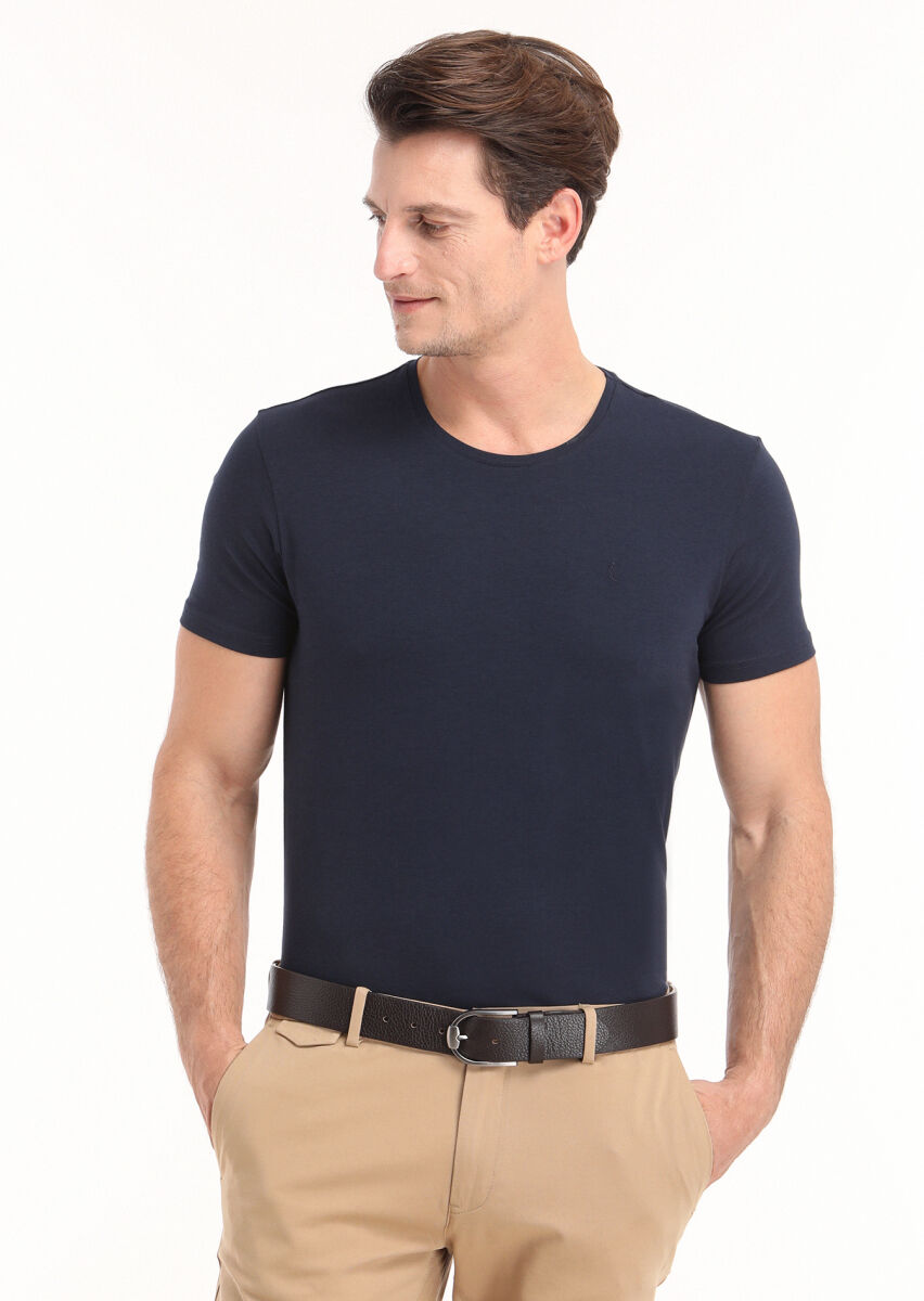 Navy Blue Plain Cotton Blended T-Shirt - 3