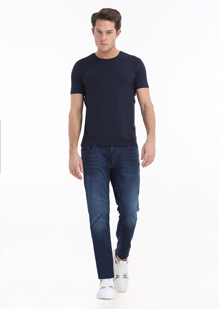 Navy Blue Plain Cotton Blended T-Shirt 