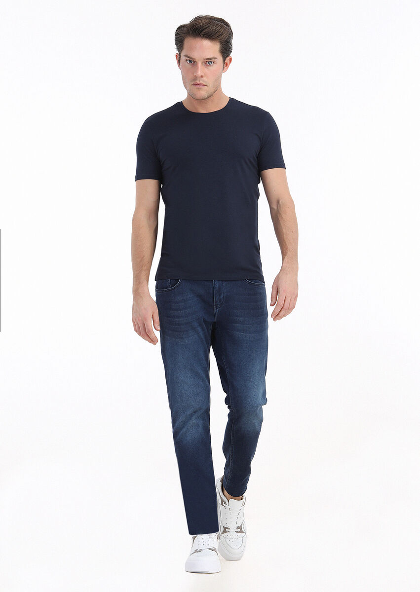 Navy Blue Plain Cotton Blended T-Shirt - 1