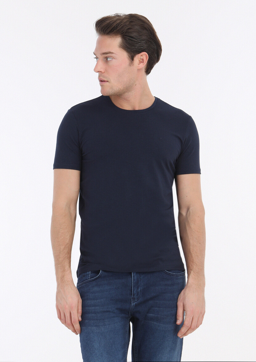 Navy Blue Plain Cotton Blended T-Shirt - 2