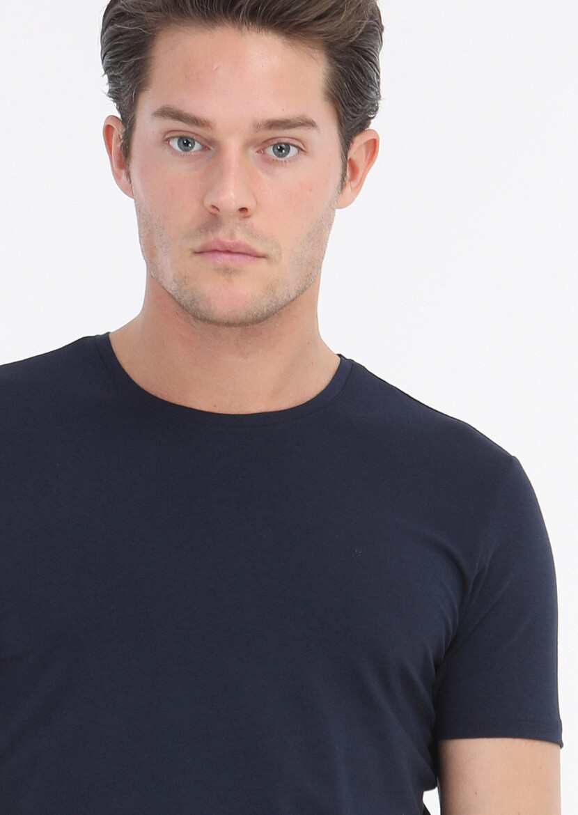 Navy Blue Plain Cotton Blended T-Shirt - 3