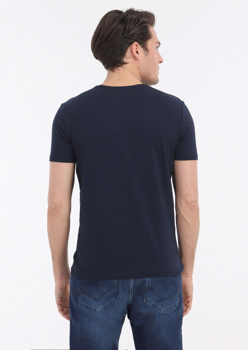 Navy Blue Plain Cotton Blended T-Shirt - 4