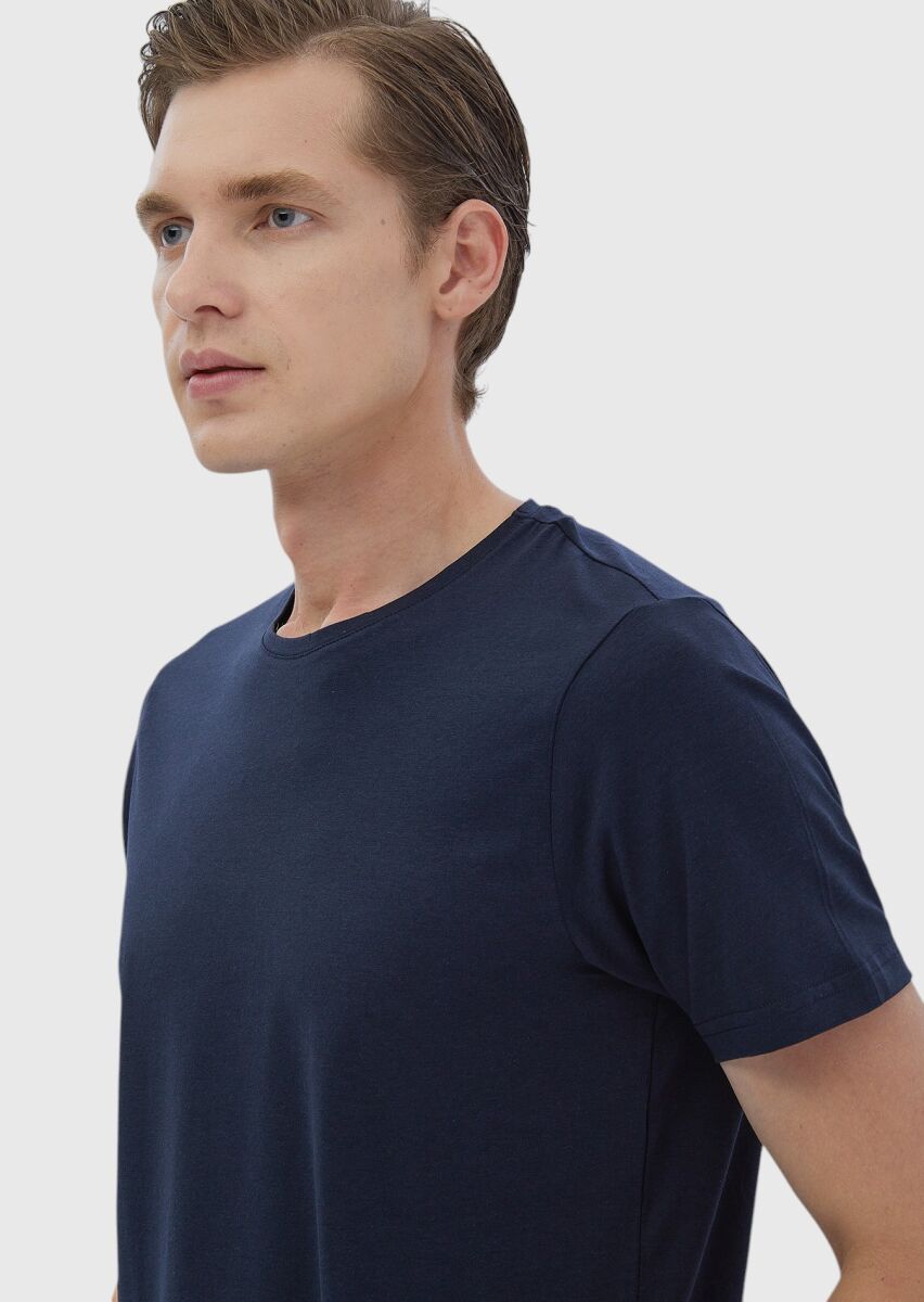 Navy Blue Plain Cotton Blended T-Shirt - 4