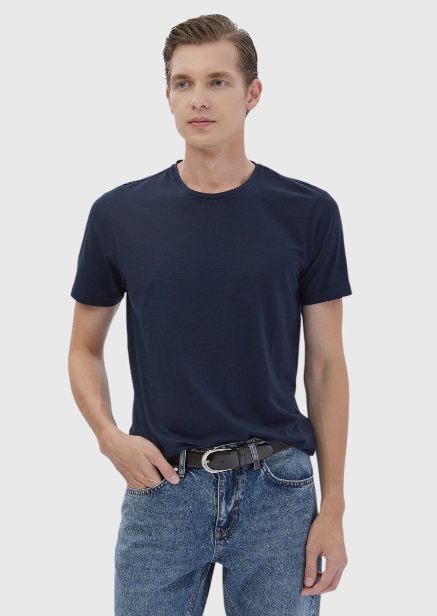 Navy Blue Plain Cotton Blended T-Shirt - 1