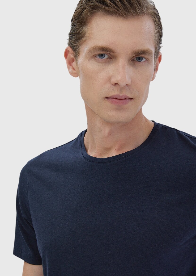 Navy Blue Plain Cotton Blended T-Shirt - 3