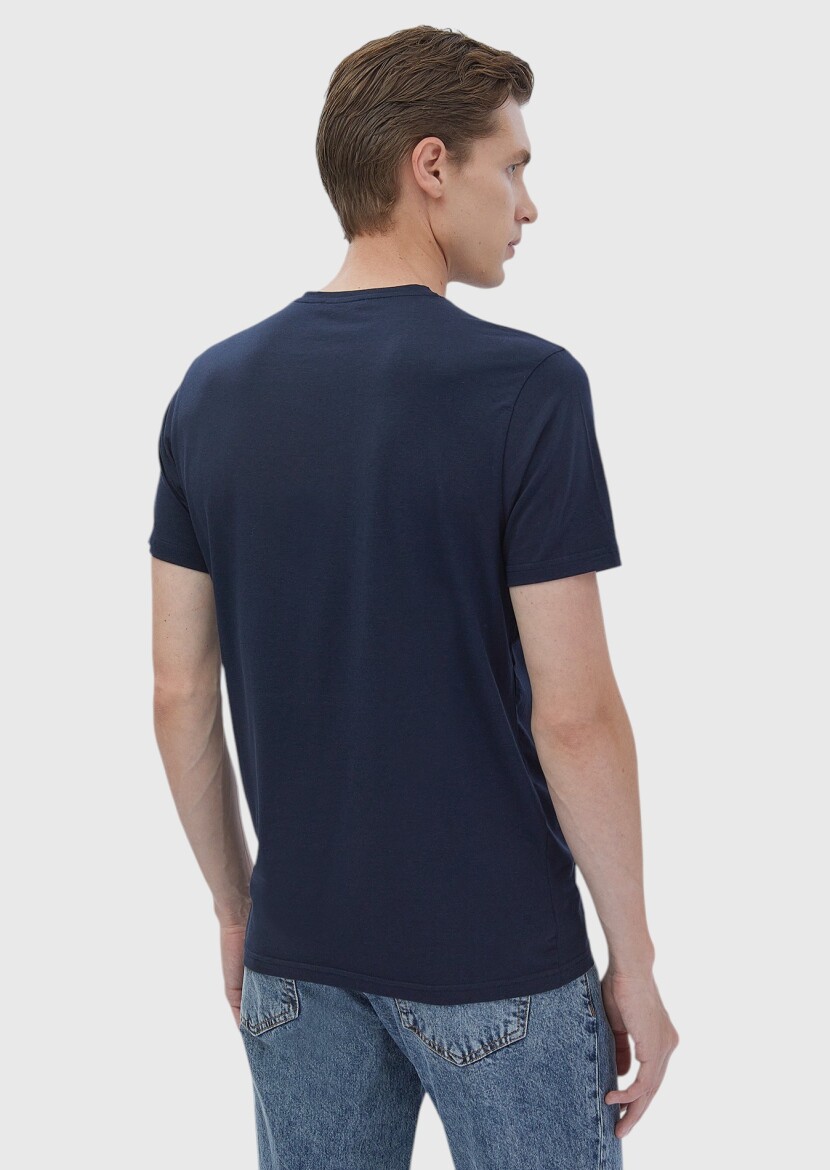 Navy Blue Plain Cotton Blended T-Shirt - 5