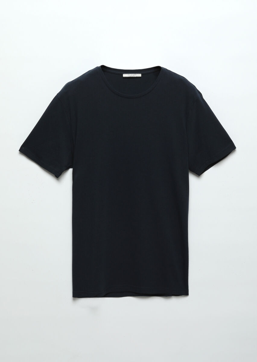 Navy Blue Plain Cotton Blended T-Shirt - 6