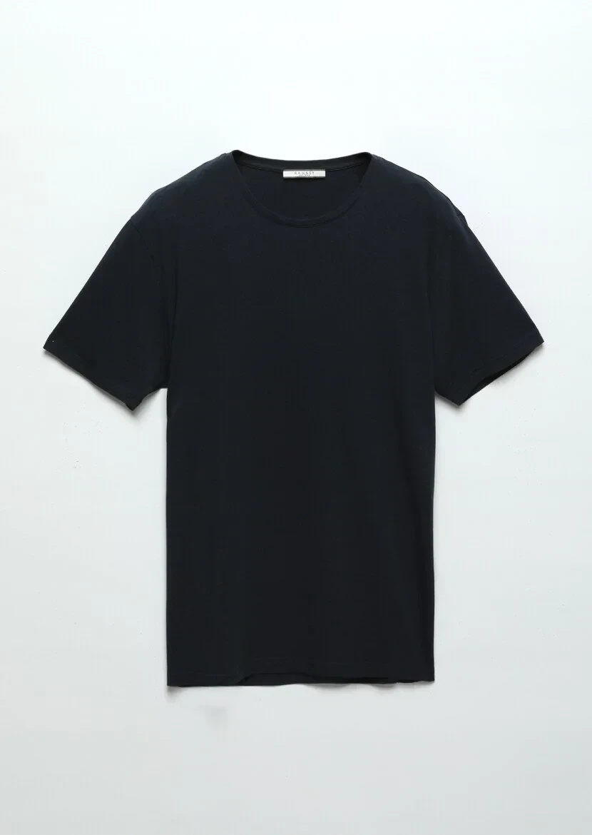 Navy Blue Plain Cotton Blended T-Shirt - 6