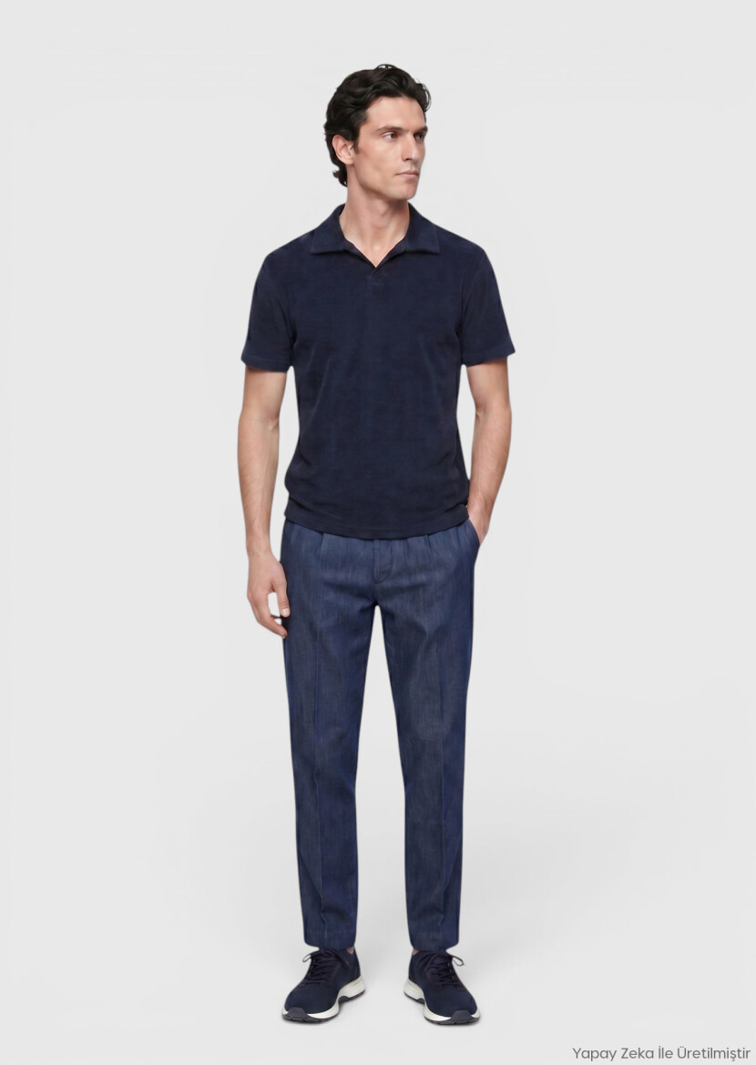 Navy Blue Plain Cotton Blended T-Shirt - RAMSEY
